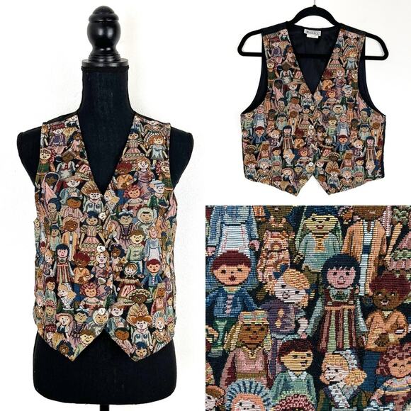 Vintage 90s Vest Tapestry Waistcoat International Children Around World Teacher - Picture 1 of 10